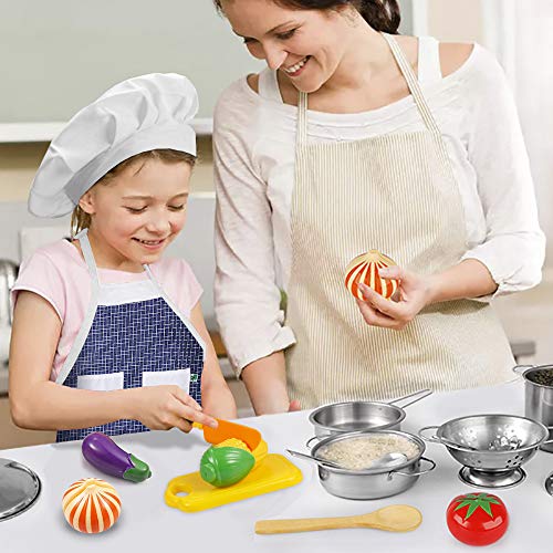 EFO SHM Giocattoli da Cucina, 23 Pezzi Pentole e Accessori per Bambini, Taglio Cibo Verdura in Acciaio Inossidabile, Grembiule e Cappello, dai 3 Anni in Su - immagine 3