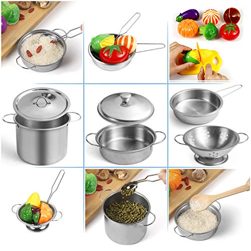 EFO SHM Giocattoli da Cucina, 23 Pezzi Pentole e Accessori per Bambini, Taglio Cibo Verdura in Acciaio Inossidabile, Grembiule e Cappello, dai 3 Anni in Su - immagine 4