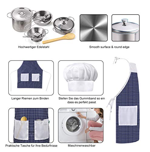 EFO SHM Giocattoli da Cucina, 23 Pezzi Pentole e Accessori per Bambini, Taglio Cibo Verdura in Acciaio Inossidabile, Grembiule e Cappello, dai 3 Anni in Su - immagine 5