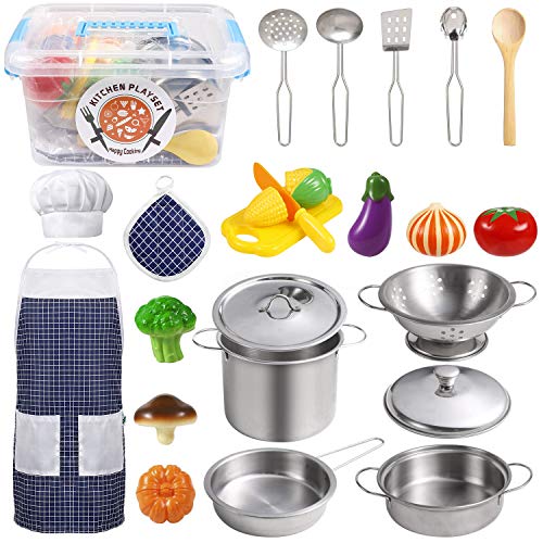 EFO SHM Giocattoli da Cucina, 23 Pezzi Pentole e Accessori per Bambini, Taglio Cibo Verdura in Acciaio Inossidabile, Grembiule e Cappello, dai 3 Anni in Su