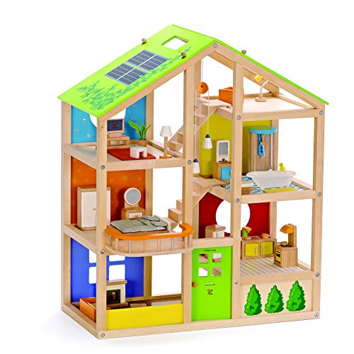 Hape E3401 - Casa 4 Stagioni in Legno per Bambini Vincitore del Premio Migliore Casa da Bambole con Mobili, Accessori e Scale amovibili e con Tetto dalle Diverse Stagioni