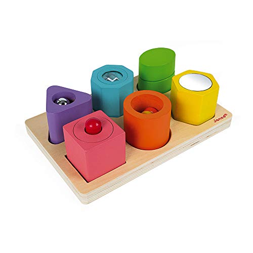 Janod - Puzzle 6 Cubi Sensoriali I Wood (Legno), Giocattoli Educativi, per Imparare Le Forme e I Colori, Pittura Ad Acqua, Etichetta FSC - Da 1 Anno in su, J05332 - immagine 3