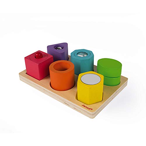 Janod - Puzzle 6 Cubi Sensoriali I Wood (Legno), Giocattoli Educativi, per Imparare Le Forme e I Colori, Pittura Ad Acqua, Etichetta FSC - Da 1 Anno in su, J05332 - immagine 4