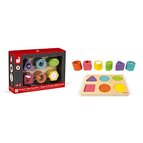 Janod - Puzzle 6 Cubi Sensoriali I Wood (Legno), Giocattoli Educativi, per Imparare Le Forme e I Colori, Pittura Ad Acqua, Etichetta FSC - Da 1 Anno in su, J05332 - immagine 6
