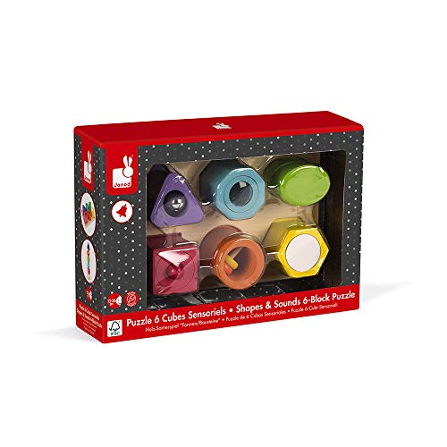 Janod - Puzzle 6 Cubi Sensoriali I Wood (Legno), Giocattoli Educativi, per Imparare Le Forme e I Colori, Pittura Ad Acqua, Etichetta FSC - Da 1 Anno in su, J05332 - immagine 7