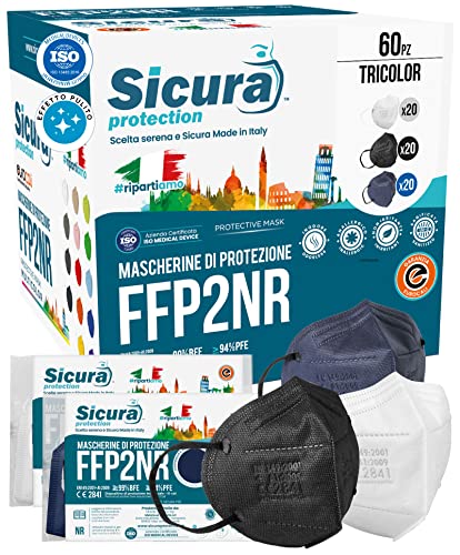 60 Mascherine FFP2 Certificate CE Colorate Nere Bianche e Blu (20+20+20) Made in Italy SICURA Protection BFE ≥99% Mascherina FFP2 vera Marcatura EFFETTO PULITO - immagine 2