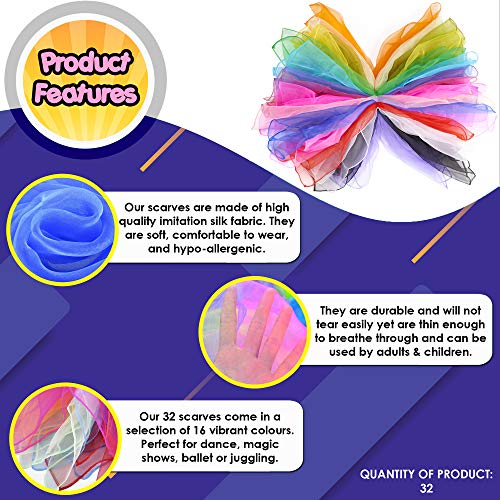 THE TWIDDLERS - 32 Foulard Giocoleria da Danza Multicolore per Neonati - Sciarpe in Tessuto di Seta Sensoriale per Bambini - Nastri Sensoriali per Neonati, Ideali per Danza, Ginnastica - 60x60cm - immagine 6