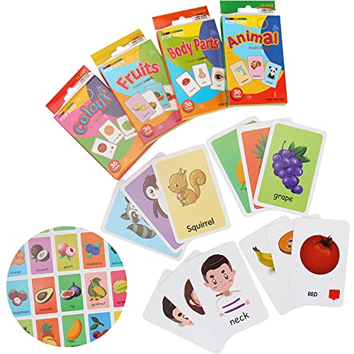 Set carte flash bambini per bambini per l'apprendimento precoce schede flash bambini età 2-4 biglietti bambini bambini 1 2 3 4 anni 4 Pack-144 pezzi animali frutta parti del corpo e colori - immagine 7