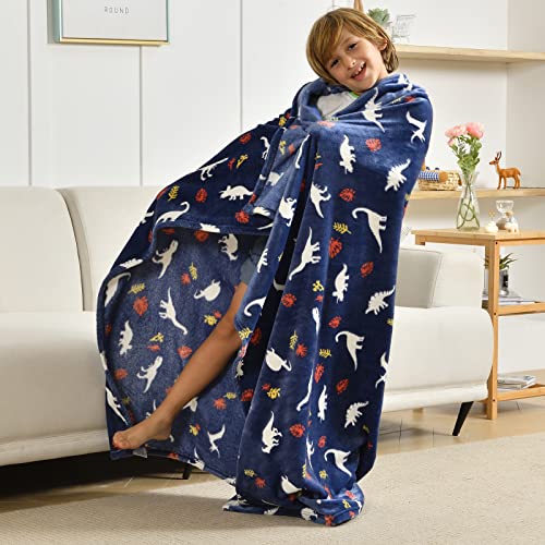 SOCHOW Coperta di Pile Dinosauri Giurassico, Fluorescente Si Illumina al Buio Super Morbida Coperta, coperta per tutte le stagioni per bambini 127 x 150 cm, Blu Navy - immagine 5