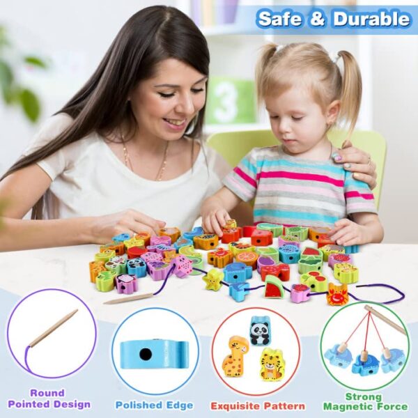 Jojoin 46 PCS Giochi da Infilare per Bambini - 2 in 1 Giochi Montessori Magnetici di Pesca in Legno | Frutta Verdura Animali Perline di Legno - Giocattoli Educativi Pasqua Bambino 3+ Anni - immagine 7