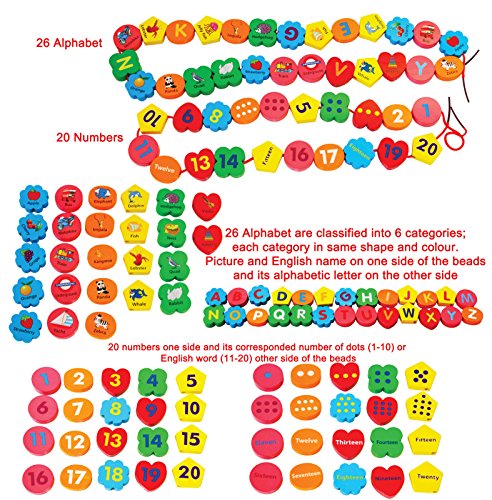 TOWO Blocchi numerici dell'alfabeto in legno â Lettere ABC Perline da infilare 46 pezzi Puzzle di ordinamento di allacciatura-Giocattoli educativi abbinati ai colori per 3 anni STEM Montessori - immagine 3