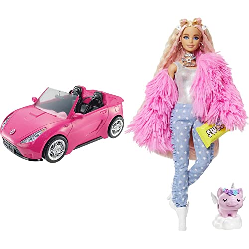 Barbie DVX59 Cabrio Glamour Auto Due Posti Con Dettagli Realistici, Rosa,  35,2 x 17,78 x 13,31 cm, Esclusivo  & Extra n.3 – Bambola Snodata con  Pelliccia Rosa e Maialino-Unicorno – 15