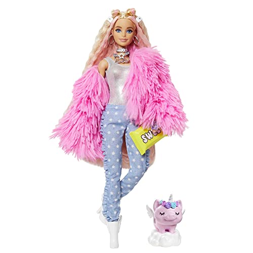 Barbie Extra n.3 – Bambola Snodata con Pelliccia Rosa e Maialino-Unicorno –  15 Accessori – Look Fashion con Ciocche Rossa – Regalo per Bambini 3+ Anni,  GRN28 – Giochi e Prodotti per l'Età Evolutiva