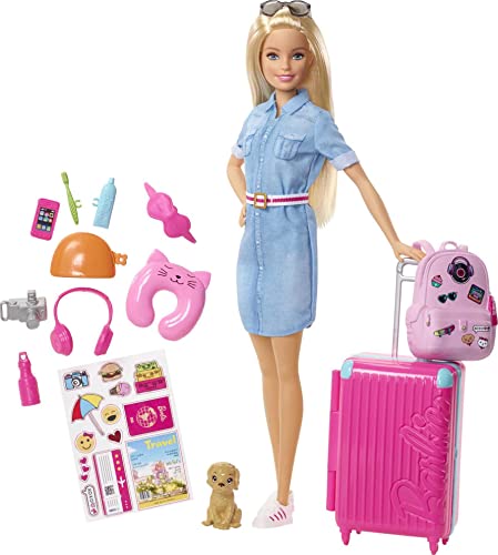 Barbie Set da Viaggio – Bambola con Valigia Apribile e Cucciolo – Abito di  Jeans – Adesivi – 10+ Accessori – Regalo per Bambini 3+ Anni, FWV25 –  Giochi e Prodotti per l'Età Evolutiva