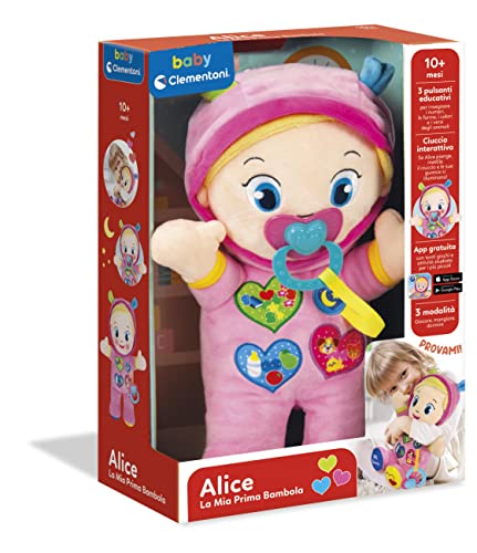 Baby Clementoni - Alice, la Mia Prima Bambola, Peluche Bambini 10+ Mesi, Centro Attività con Ciuccio e 3 Tasti per Imparare Forme, Numeri, Colori, Parole e Versi degli Animali, Lingua Italiana, 17201 - immagine 3