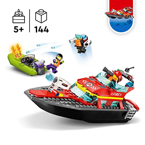 LEGO 60373 City Fire Barca di Soccorso Antincendio dei Vigili del Fuoco, Nave Giocattolo Galleggiante con Gommone di Salvataggio e Minifigure - immagine 4