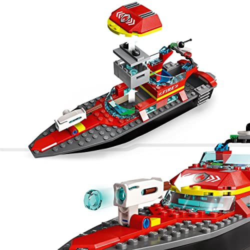 LEGO 60373 City Fire Barca di Soccorso Antincendio dei Vigili del Fuoco, Nave Giocattolo Galleggiante con Gommone di Salvataggio e Minifigure - immagine 5