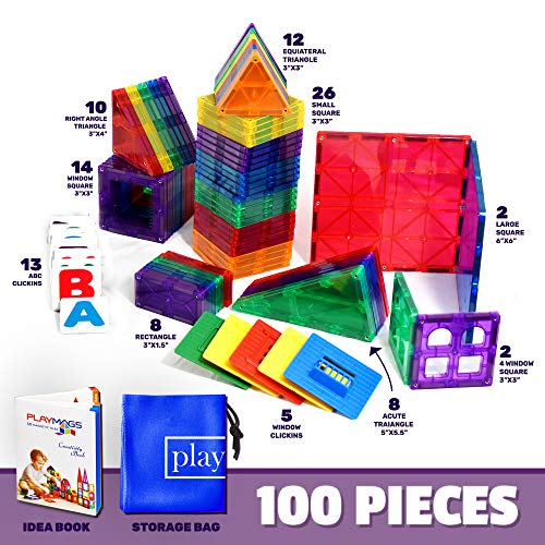 Playmags 100 Pcs di Costruzioni Magnetiche - Impara Forme,Colori e Alfabeti - STEM Magneti più Forti Giocattoli - Blocchi Magnetici 3D - Resistenti tessere magnetiche bambini - Costruzione Magnetica - immagine 3