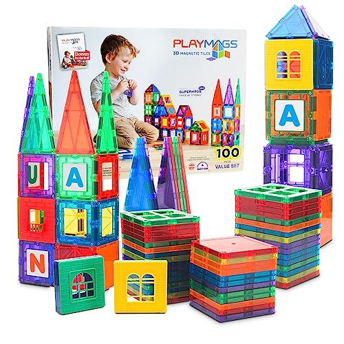 Playmags 100 Pcs di Costruzioni Magnetiche - Impara Forme,Colori e Alfabeti - STEM Magneti più Forti Giocattoli - Blocchi Magnetici 3D - Resistenti tessere magnetiche bambini - Costruzione Magnetica
