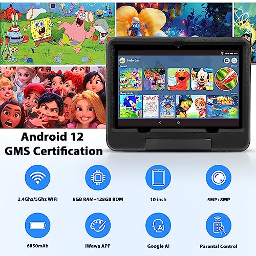 Tablet Bambini 10 Pollici Android 12 GMS, 8GB RAM 128GB/TF 1TB ROM