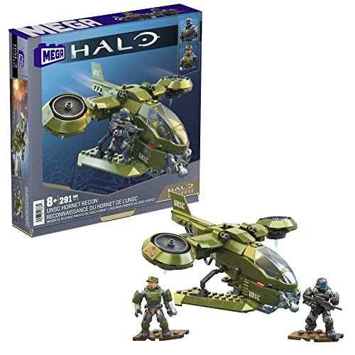 MEGA Halo - Hornet UNSC da Ricognizione, aereo con cabina di pilotaggio funzionante, 2 mini action figure e 2 motori a turbogetto, set da 91 pezzi da costruire, giocattolo per bambini, 8+ anni, HKT18