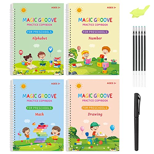 XTDMJ Quaderni magici, 4 quaderni magici, libro di esercizi riutilizzabili,  5 ricariche + 1 portapenne, per bambini, calligrafia, numeri, disegni,  lettere – Giochi e Prodotti per l'Età Evolutiva