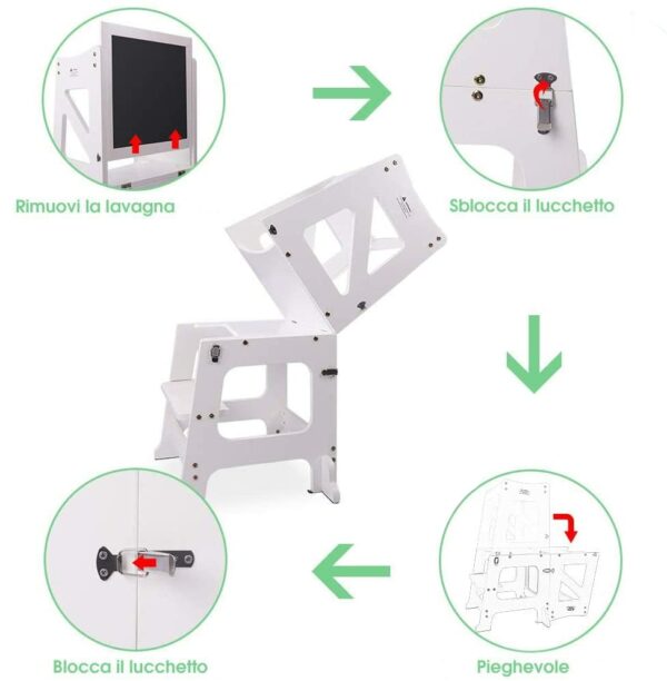 YOLEO Torre Montessoriana Learning Tower Pieghevole, Torre di Apprendimento per Bambini, Pedane Alzabimbo con Lavagna Magnetica Bifacciale, Trasformabile in Banco Scuola (Bianco) - immagine 6
