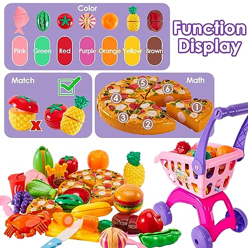 BUYGER Carrello della Spesa Giocattolo Bambini, Accessori Cucina Bambini, Taglio Frutta e Verdura Cibo Giocattoli, Giochi di Ruolo per Bambina Bambini 3 Anni, Luci e Suoni - immagine 4