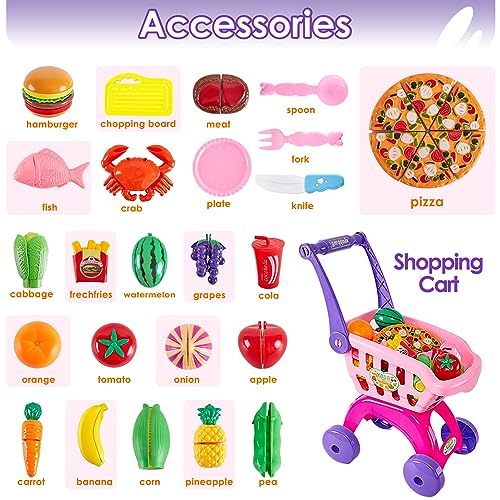 BUYGER Carrello della Spesa Giocattolo Bambini, Accessori Cucina Bambini, Taglio Frutta e Verdura Cibo Giocattoli, Giochi di Ruolo per Bambina Bambini 3 Anni, Luci e Suoni - immagine 6
