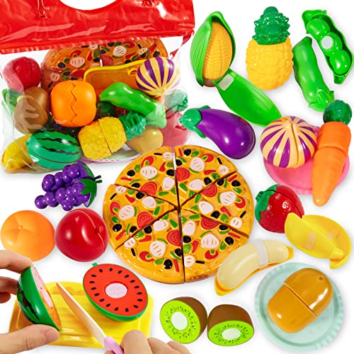 BUYGER Set Cibo Cucina Giocattoli per Bambini 3 Anni, Giocattolo da Taglio Frutta e Verdura, Accessori Alimenti Giochi di Ruolo Educativo Regalo per Bambini