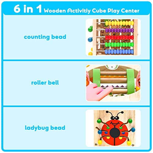 Cubo di attività in legno 7 in 1 a forma di legno, centro attività multifunzionale educativo con perline labirinto orologio montagne russe abaco puzzle animale alfabeto numero giocattolo per bambini - immagine 4
