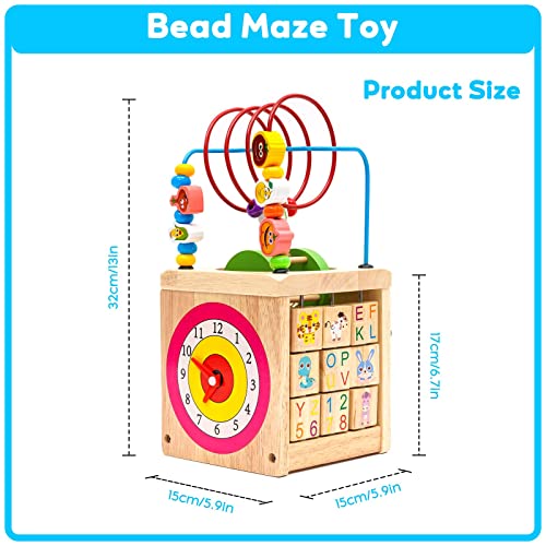 Cubo di attività in legno 7 in 1 a forma di legno, centro attività multifunzionale educativo con perline labirinto orologio montagne russe abaco puzzle animale alfabeto numero giocattolo per bambini - immagine 5