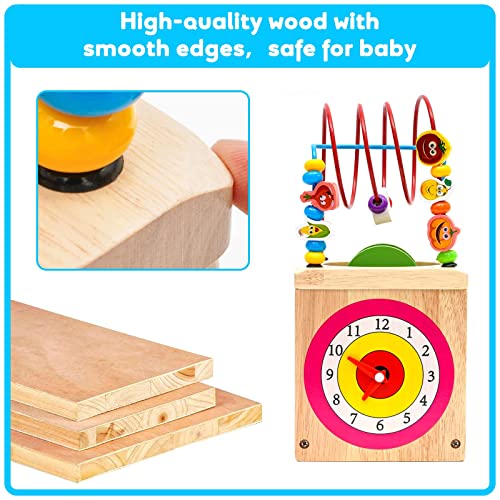 Cubo di attività in legno 7 in 1 a forma di legno, centro attività multifunzionale educativo con perline labirinto orologio montagne russe abaco puzzle animale alfabeto numero giocattolo per bambini - immagine 6