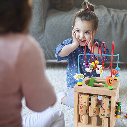 Cubo di attività in legno 7 in 1 a forma di legno, centro attività multifunzionale educativo con perline labirinto orologio montagne russe abaco puzzle animale alfabeto numero giocattolo per bambini - immagine 8