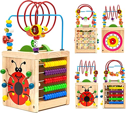 Cubo di attività in legno 7 in 1 a forma di legno, centro attività multifunzionale educativo con perline labirinto orologio montagne russe abaco puzzle animale alfabeto numero giocattolo per bambini