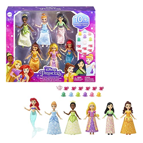Disney Princess – Set Principesse Festa a Palazzo, 6 piccole bambole  snodate con abiti scintillanti e 13 accessori per l'ora del tè, ispirate ai  film Disney, Giocattolo per Bambini 3+ Anni, HLW91 –