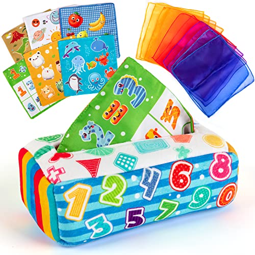 EFO SHM Giochi Bambini 6 Mesi Montessori Giocattolo Interattivo Sensoriale Scatola Del Tessuto Del Bambino Con Il Numero di Dinosauro Panno di Seta Colorato Giocattolo Educativo Per Bambini
