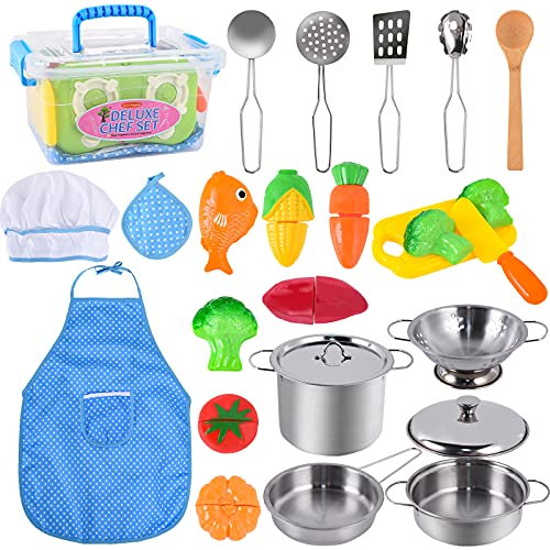 FORMIZON Giocattoli da Cucina per Bambini, 25 Pezzi Kit da Cucina Set da Gioco  per Bambini, Cucina Pentole Giocattolo Mini Pentole e Padelle in Acciaio  Inossidabile, Grembiule e Cappello – Giochi e