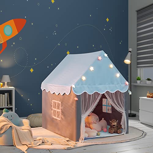 GYMAX Casetta a Tenda da Gioco per Bambini, con Materassino in Fondo, Porta in Velo e Finestrini Laterali, Luci Colorate a Forma di Stella, per Cameretta e Salotto - immagine 3
