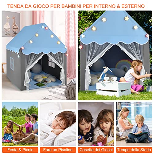 GYMAX Casetta a Tenda da Gioco per Bambini, con Materassino in Fondo, Porta in Velo e Finestrini Laterali, Luci Colorate a Forma di Stella, per Cameretta e Salotto - immagine 5