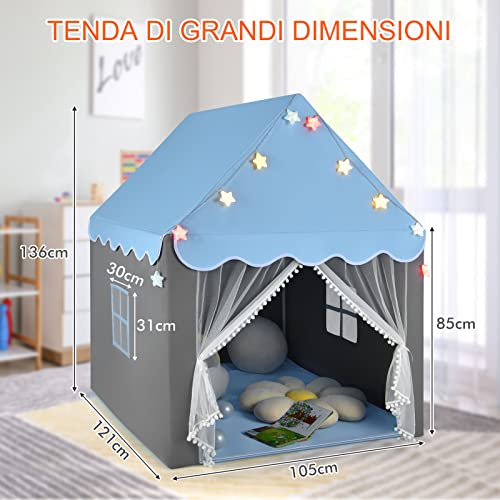 GYMAX Casetta a Tenda da Gioco per Bambini, con Materassino in Fondo, Porta in Velo e Finestrini Laterali, Luci Colorate a Forma di Stella, per Cameretta e Salotto - immagine 6