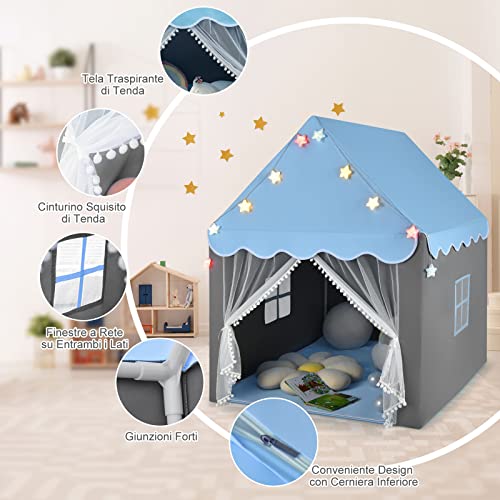 GYMAX Casetta a Tenda da Gioco per Bambini, con Materassino in Fondo, Porta in Velo e Finestrini Laterali, Luci Colorate a Forma di Stella, per Cameretta e Salotto - immagine 7
