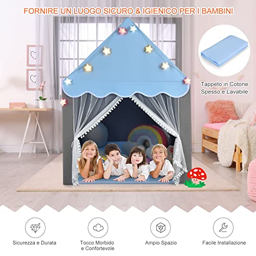 GYMAX Casetta a Tenda da Gioco per Bambini, con Materassino in Fondo, Porta in Velo e Finestrini Laterali, Luci Colorate a Forma di Stella, per Cameretta e Salotto - immagine 9
