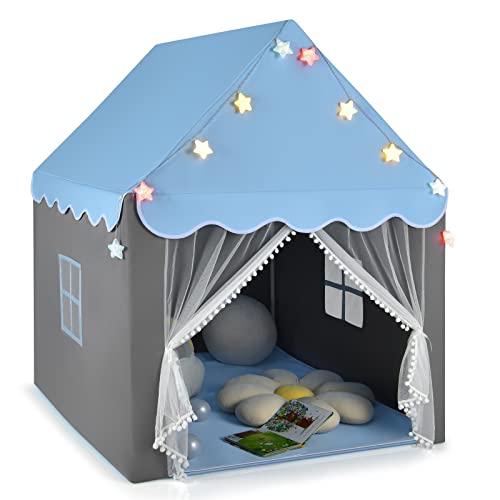 GYMAX Casetta a Tenda da Gioco per Bambini, con Materassino in Fondo, Porta in Velo e Finestrini Laterali, Luci Colorate a Forma di Stella, per Cameretta e Salotto