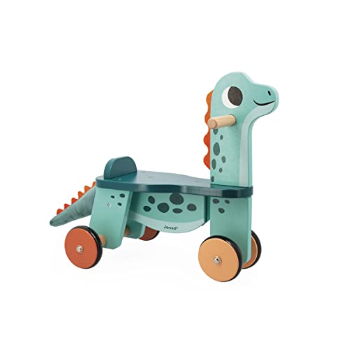 Janod Cavalcabile Dinosauro Portosauro-Altezza Sedile 21 cm-Coda Peluche Removibile-Giocattolo Multisensoriale Legno FSC-dai 12 Mesi, J05828, Multicolore