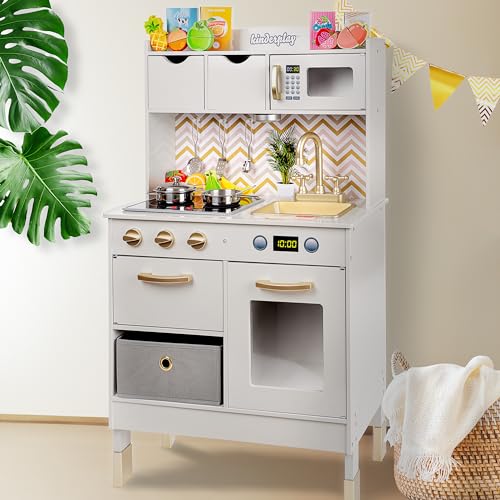 Kinderplay Grande Cucina Giocattolo per Bambini - Legno Vintage Bianca Accessori per Cucina, Cucina per Bambini, Gioco in Legno, alta 92 cm, Accessori Inclusi, GS0059