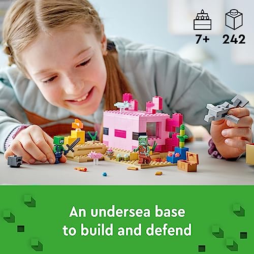 LEGO Minecraft The Axolotl House 21247 - Set di giocattoli da costruzione, avventure creative a una base subacquea colorata, include un esploratore subacqueo, delfino, annegato e altro ancora, - immagine 3