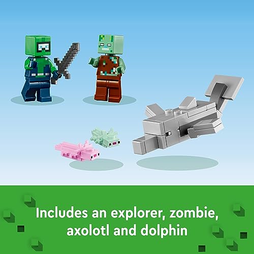 LEGO Minecraft The Axolotl House 21247 - Set di giocattoli da costruzione, avventure creative a una base subacquea colorata, include un esploratore subacqueo, delfino, annegato e altro ancora, - immagine 7