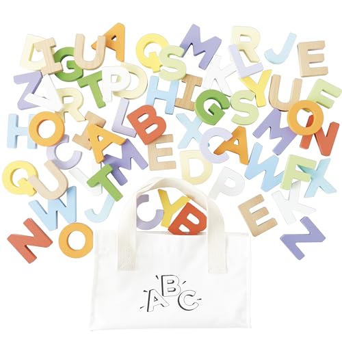 Le Toy Van - PL143 - Gioco educativo lettere alfabeto, 18 mesi, Montessori, ecologico, in legno, 60 pezzi, include borsa in cotone con manico, certificato FSC e colori a base d'acqua, Petilou