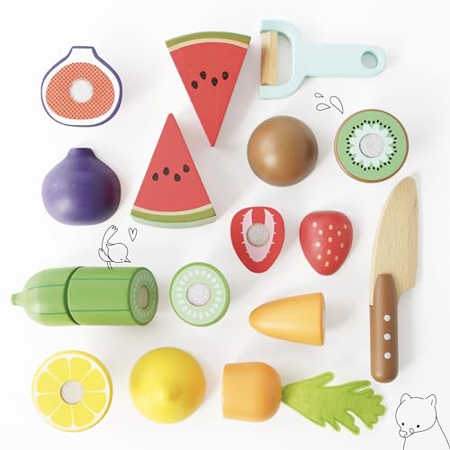 Le Toy Van - TV355 - Gioco educativo bambino 2 anni, gioco frutta e verdura da tagliare legno FSC, 18 pezzi, giocattolo cucina, ecologico, Montessori, include 1 tagliere, 1 coltello, 1 pelapatate - immagine 6
